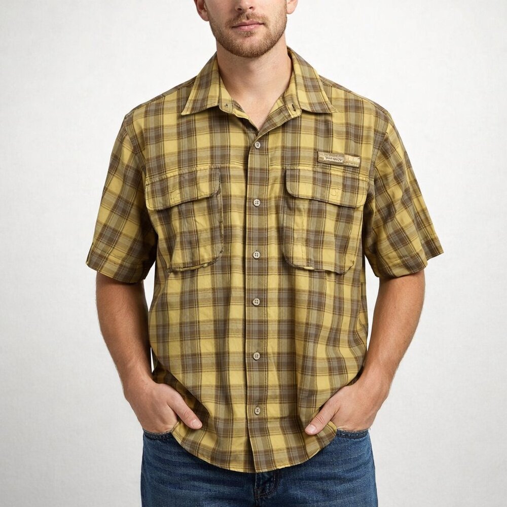 Timberland Turbodry Brown Yellow Plaid Button Up Vented Fishing Shirt Men's M